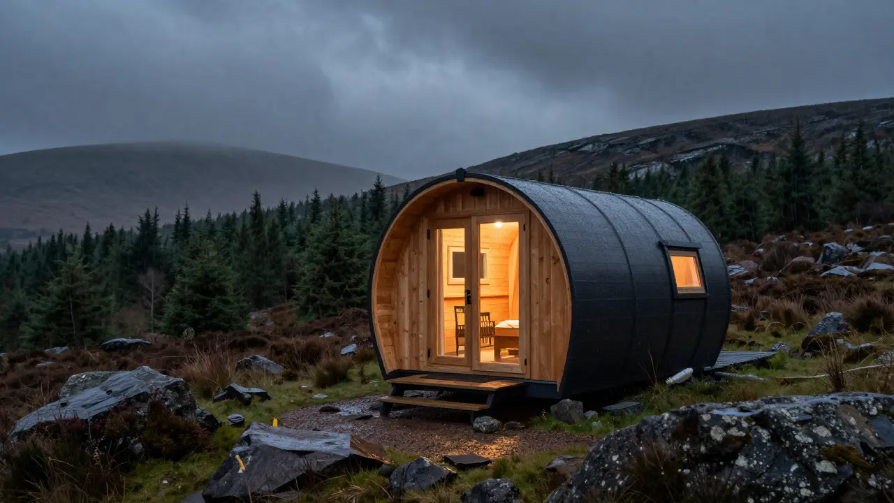 A curved wooden glamping pod providing a warm shelter in the moody Cairngorms landscape