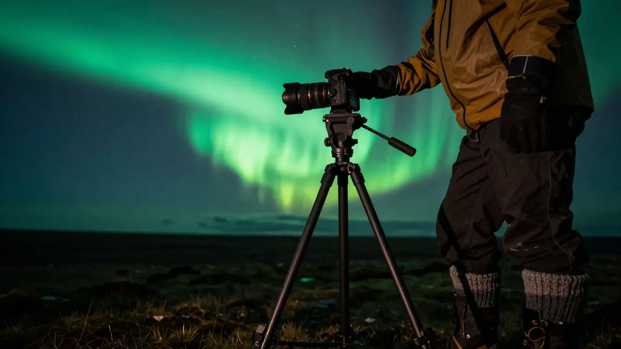 A DSLR camera on a tripod capturing the aurora borealis in a remote Scottish landscape.