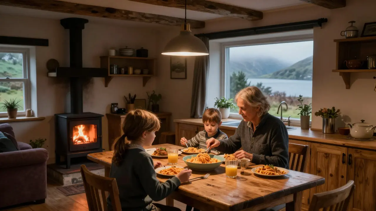 A family cooking dinner together in a cozy Highland cottage with a wood-burning stove.