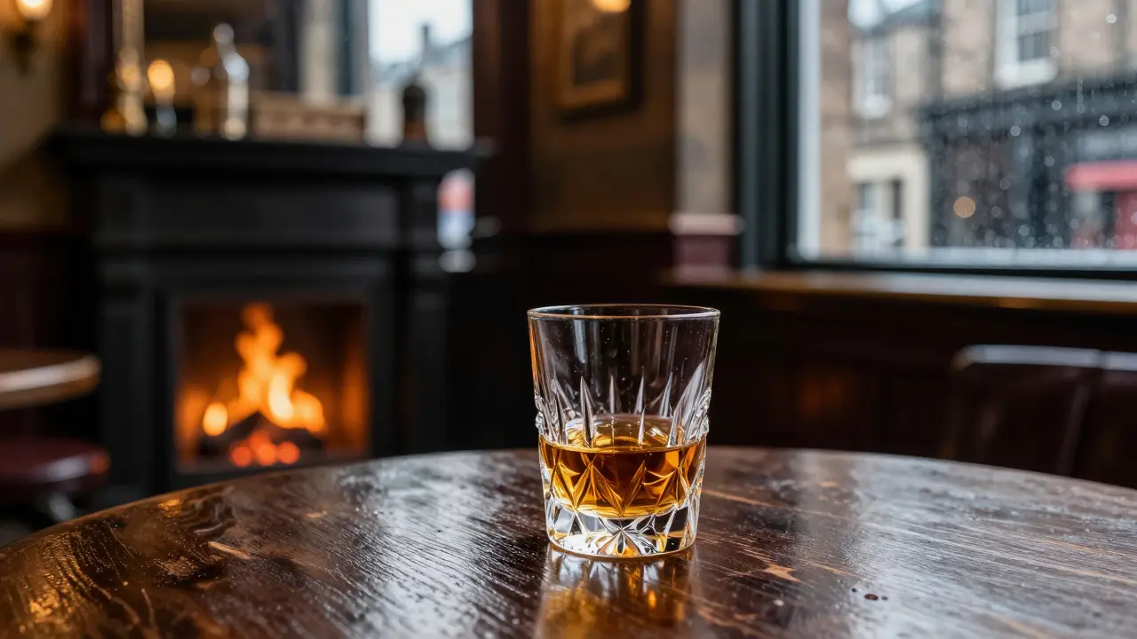 A glass of Scotch whisky on a wooden table inside a cozy, traditional Edinburgh vault pub
