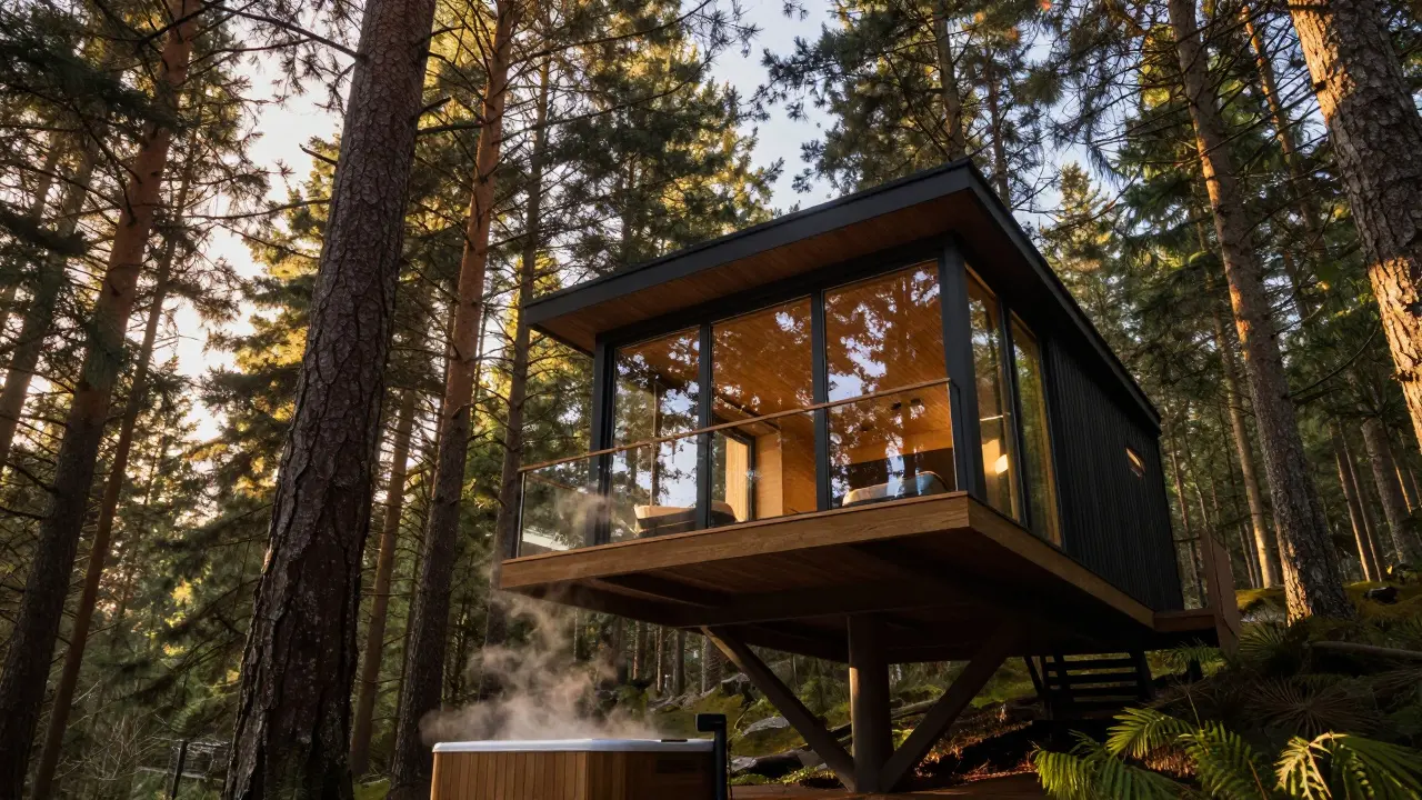 A luxury glass-walled treehouse with a hot tub nestled in a dense Perthshire forest