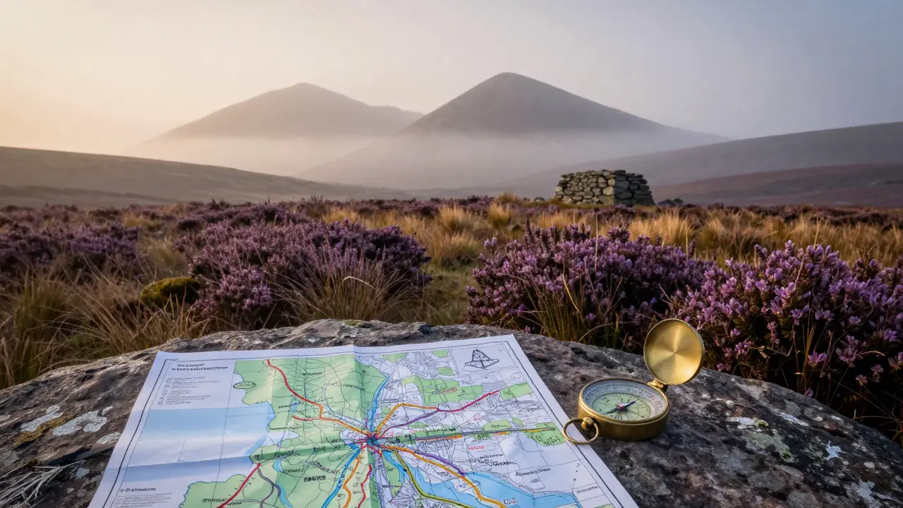 A map and compass on a rock with a distant mountain shelter in the Scottish Highlands.