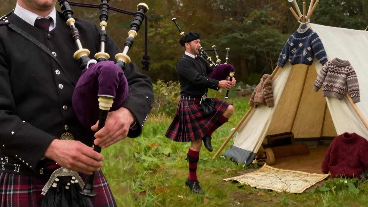A montage of bagpipes, a Highland dancer's feet, and a traditional clan heritage tent.