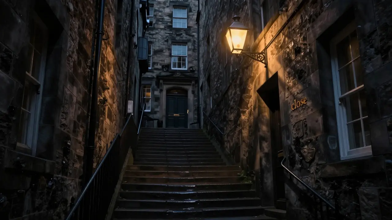 A narrow, steep stone alleyway close in Edinburgh's Old Town with atmospheric lighting