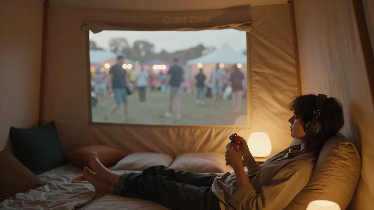 A peaceful festival quiet zone with soft lighting and a person using noise-canceling headphones.