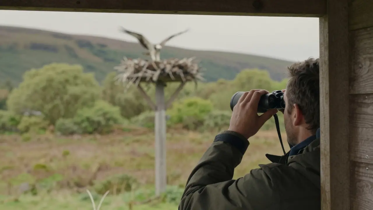 A person observing an Osprey from a wooden wildlife viewing hide.