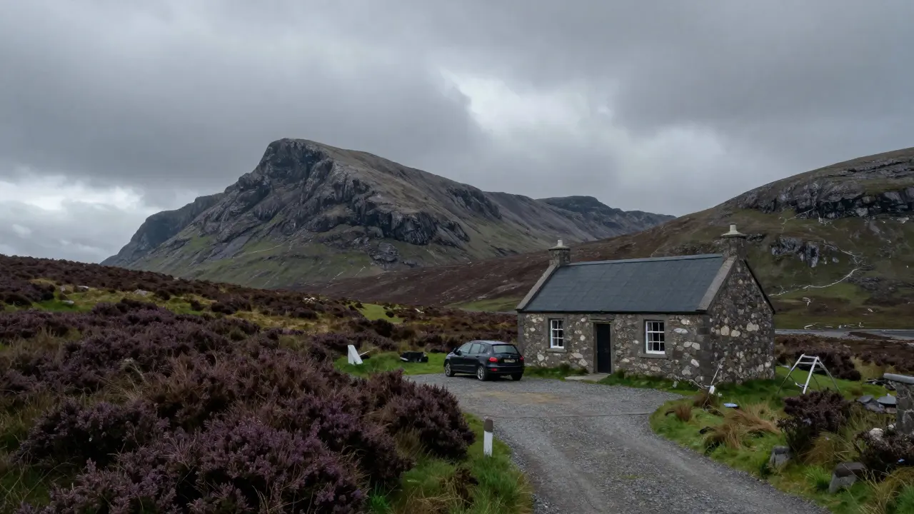 A remote stone croft house with a parked car in the rugged landscape of the Isle of Skye.
