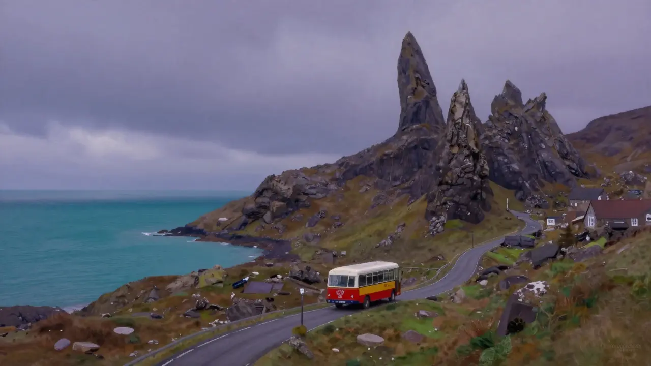 A small bus traveling along the scenic coast of the Isle of Skye near the Old Man of Storr
