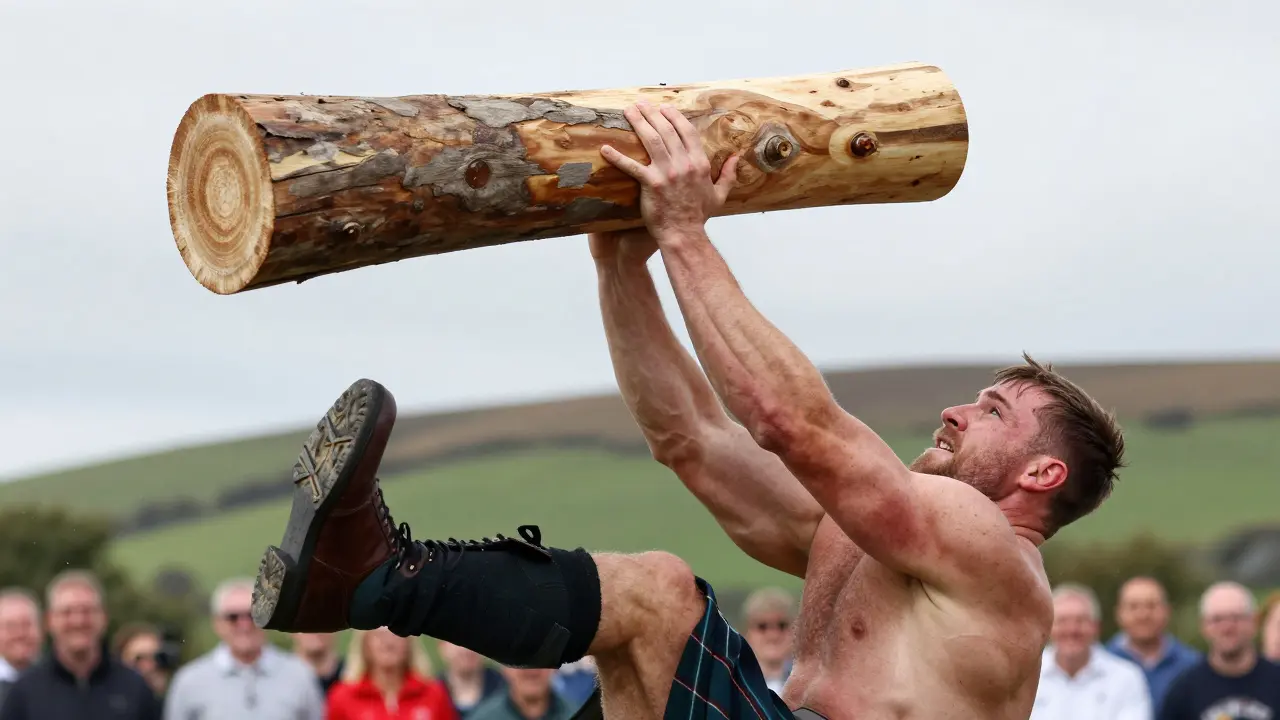 A strong athlete in a kilt throwing a massive wooden caber during a Highland Games competition.
