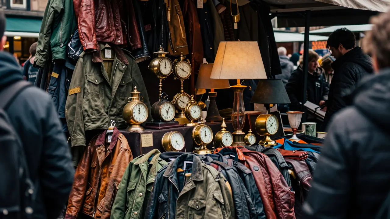 A variety of antique clocks and vintage clothing displayed at a stall in the Barras Market.