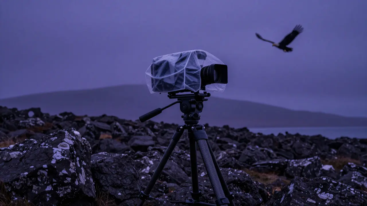 A weather-protected camera on a tripod at dusk with an eagle in the distance.