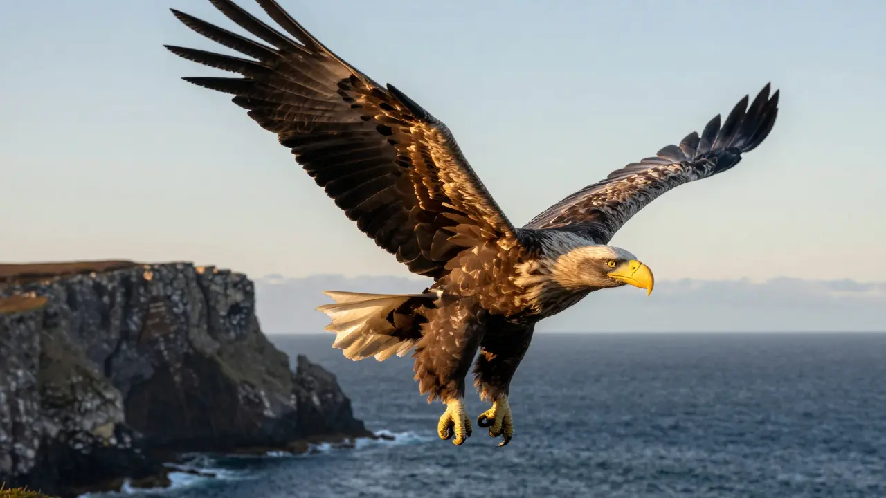 A White-Tailed Sea Eagle soaring over the rugged cliffs of the Isle of Mull.