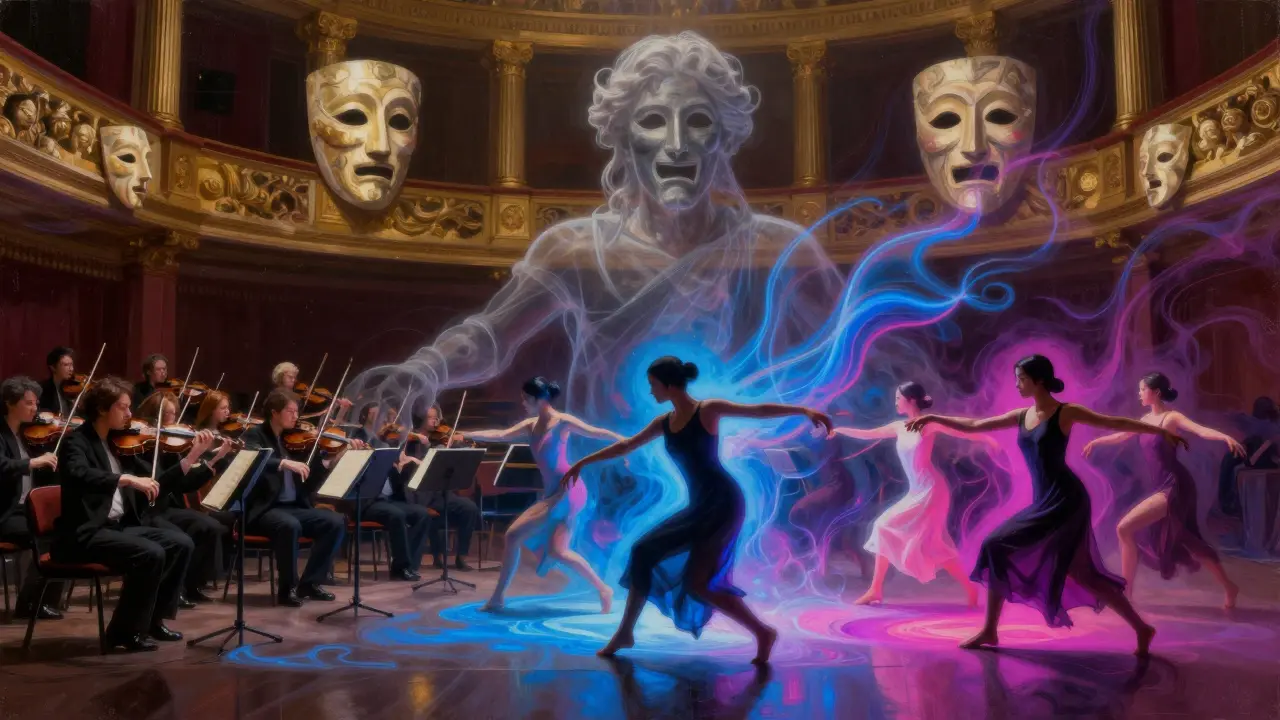Abstract blend of a classical orchestra and modern contemporary dance with neon lights