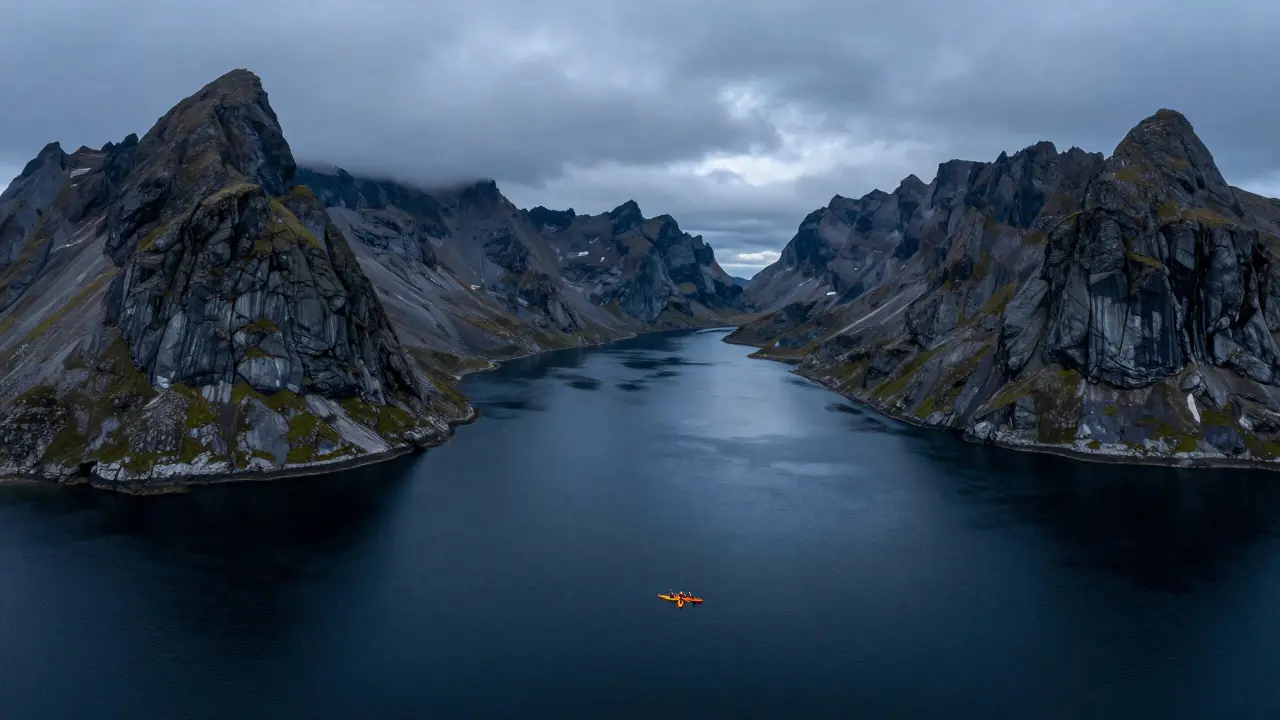 Aerial view of sea kayaks in Loch Coruisk surrounded by the jagged Cuillin mountains