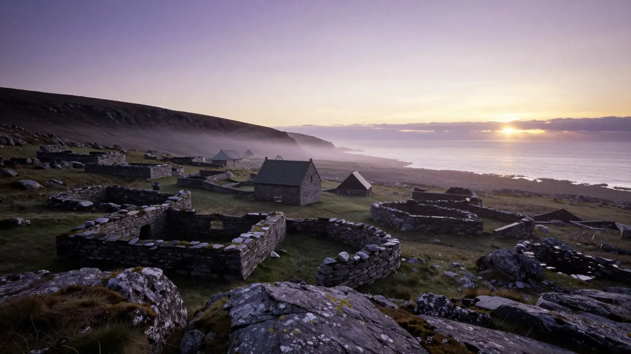 Ancient stone ruins of Jarlshof in Shetland during the soft light of a northern summer twilight.