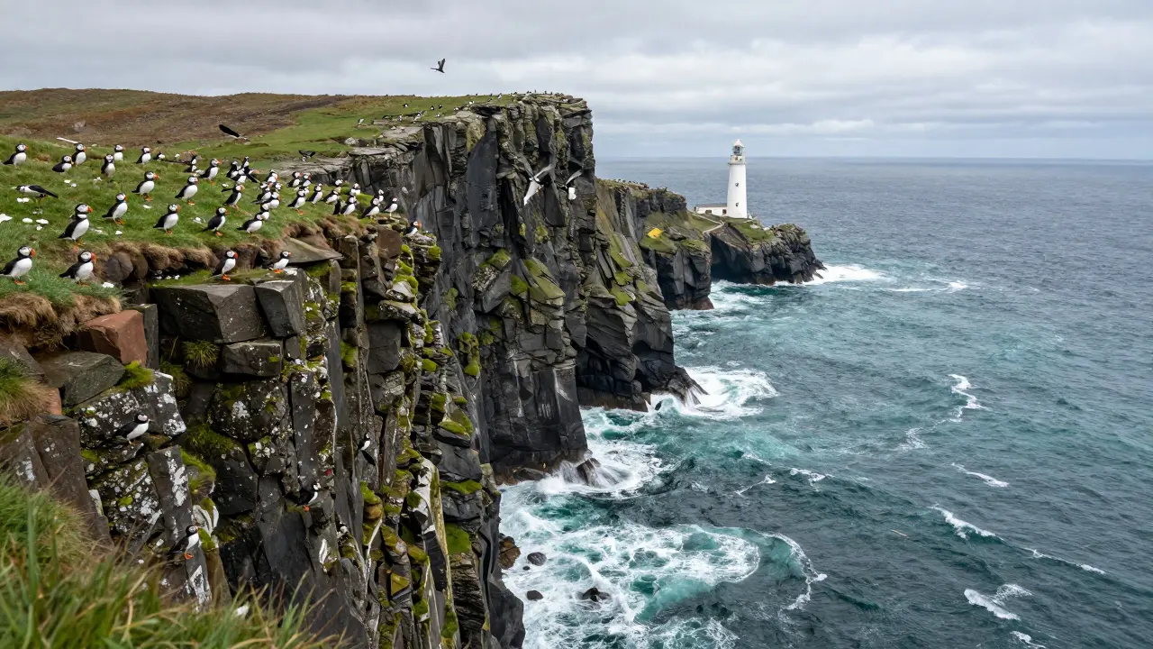 Atlantic Puffins on the high, jagged cliffs of Sumburgh Head overlooking a churning ocean.