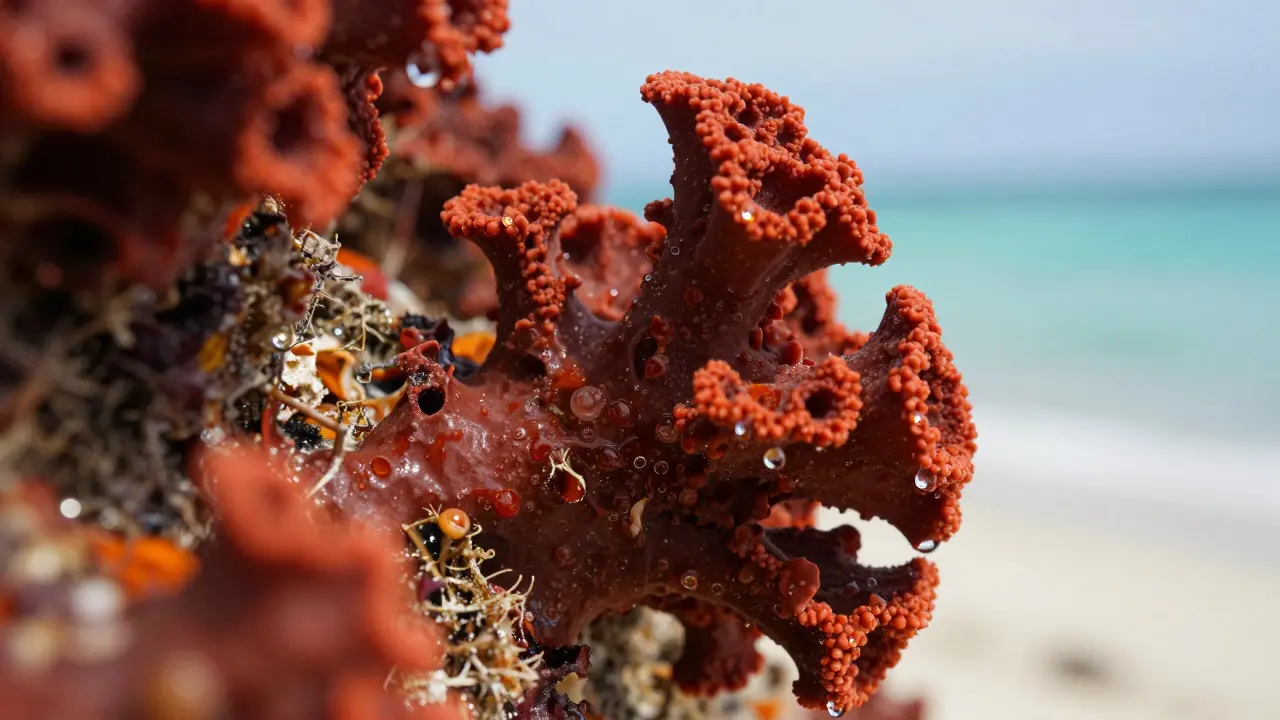 Close-up detail of the brittle, red-colored fossilized algae textures on the Skye shoreline.
