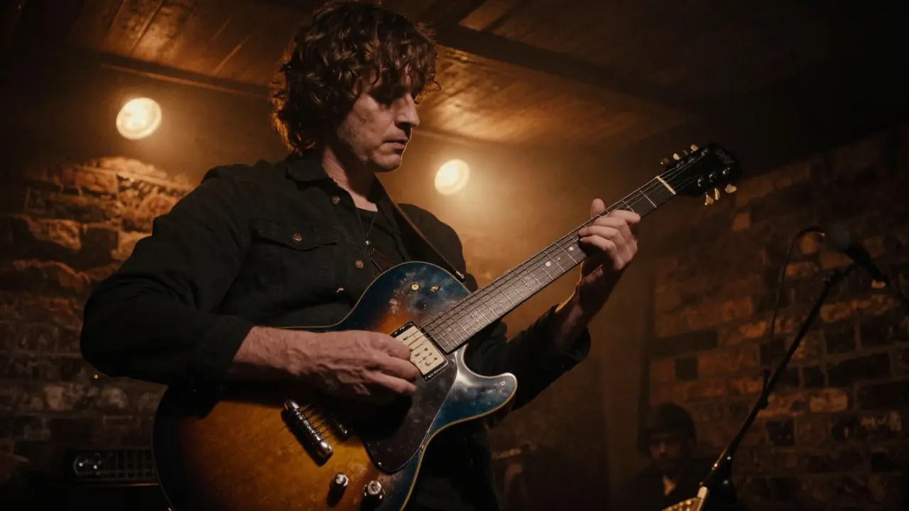 Close-up of a blues guitarist in a dim, smoky Edinburgh basement bar with brick walls.