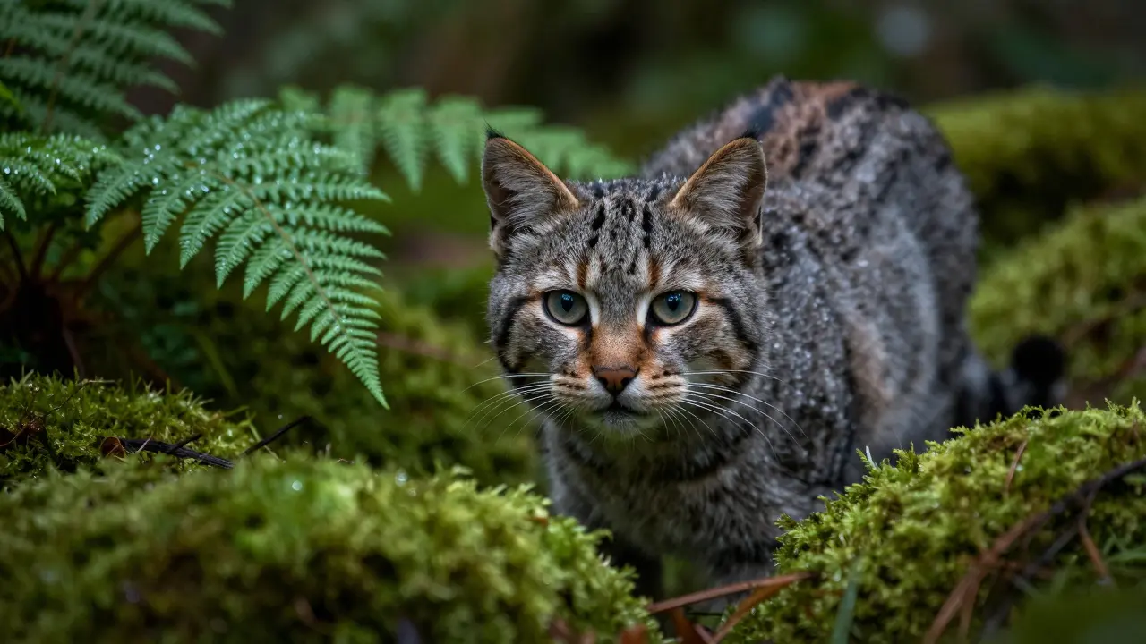 Close-up of a Scottish Wildcat in a lush, mossy green forest.
