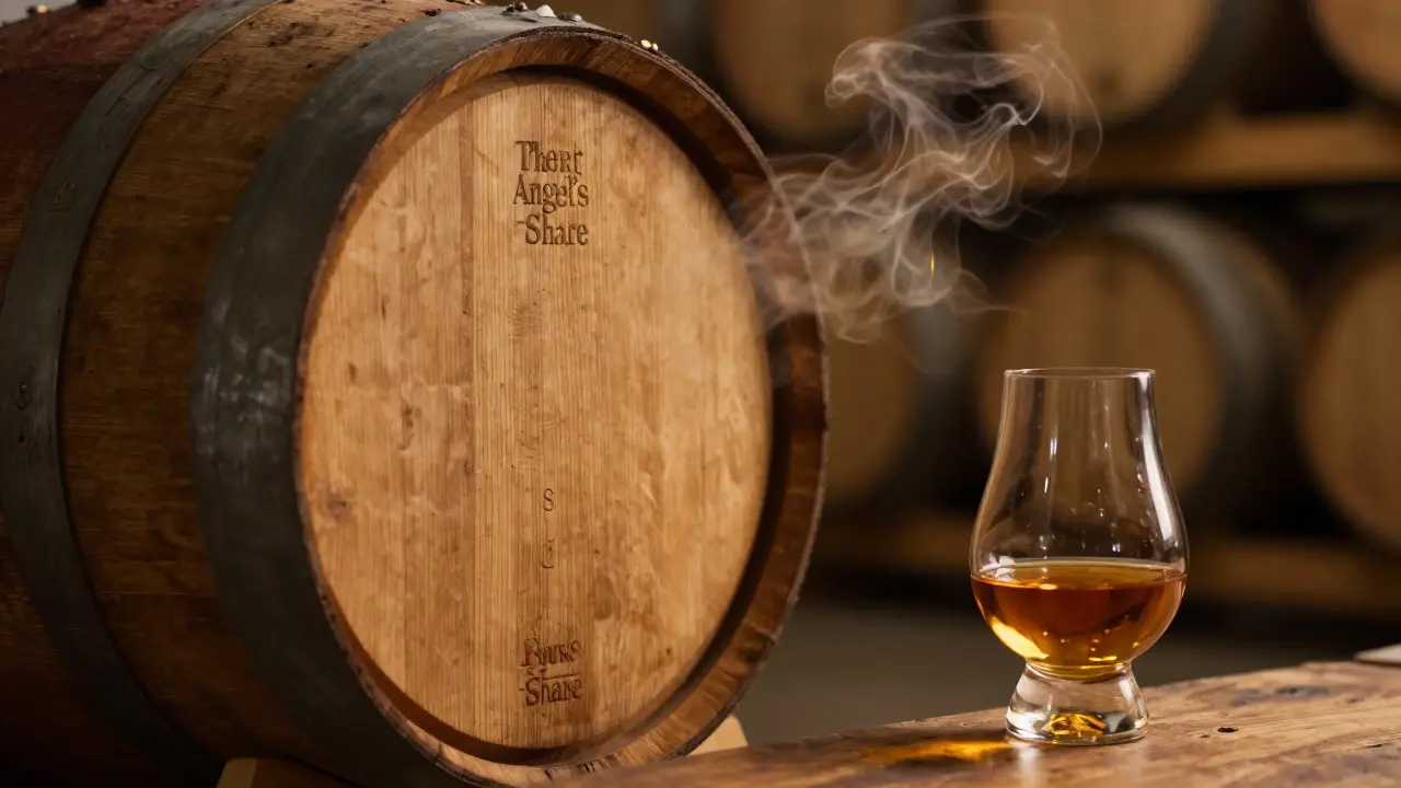 Close-up of an oak cask with golden vapors representing the Angel's Share and a glass of whisky