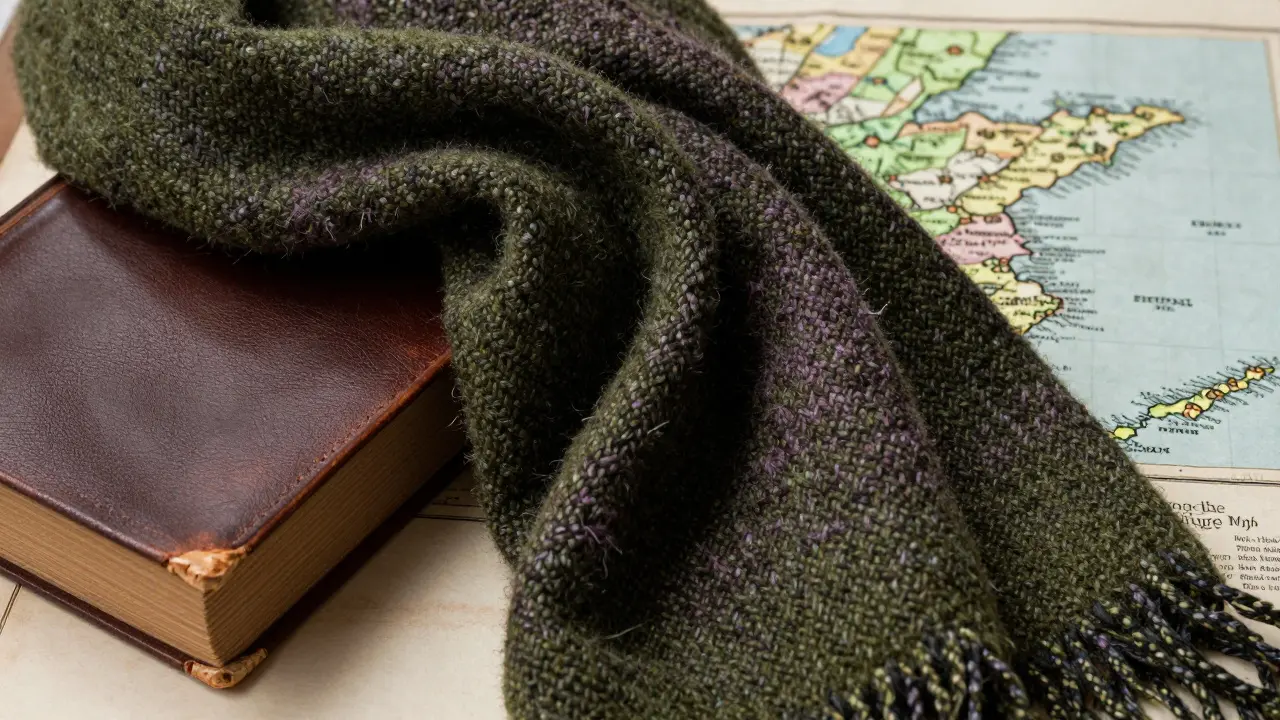 Close-up of Harris Tweed fabric, a historical map, and a leather-bound book