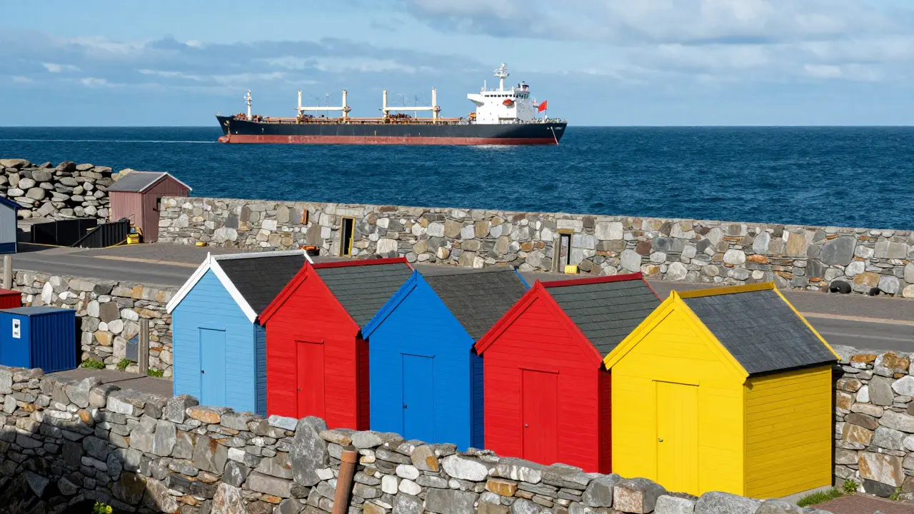 Colorful small cottages in Footdee village next to the grey granite harbor and a large ship.