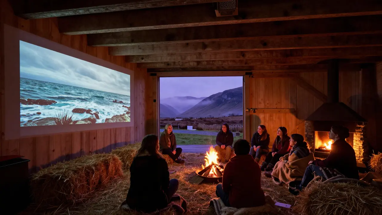 Community film screening inside a rustic Highland barn with mountains visible outside
