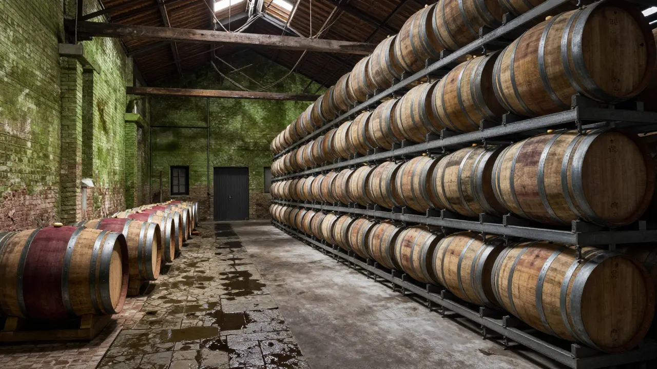 Comparison of a traditional dunnage warehouse and a modern racked whisky warehouse