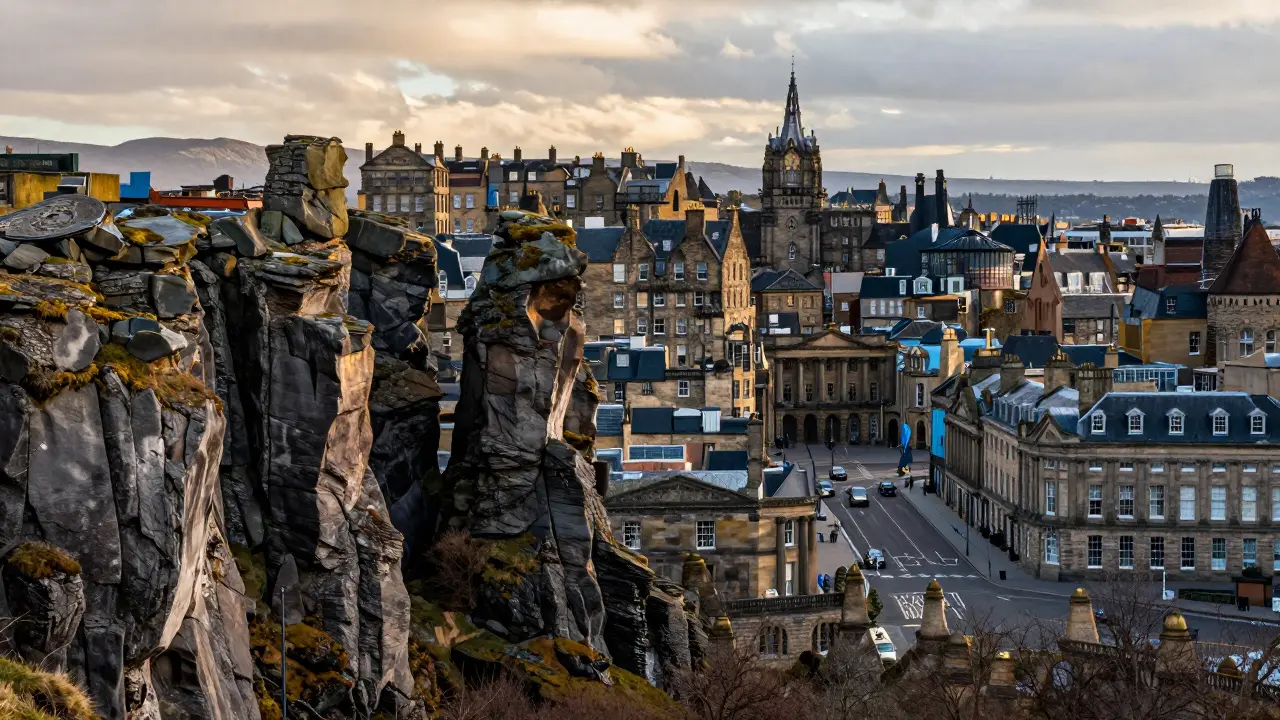 Comparison of rugged Scottish Highlands and the orderly architecture of Edinburgh New Town.