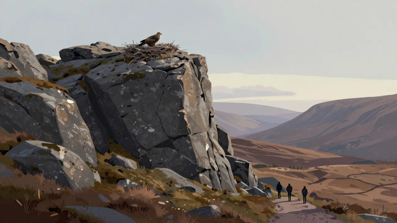 Distant view of eagle nest on cliff with observers below