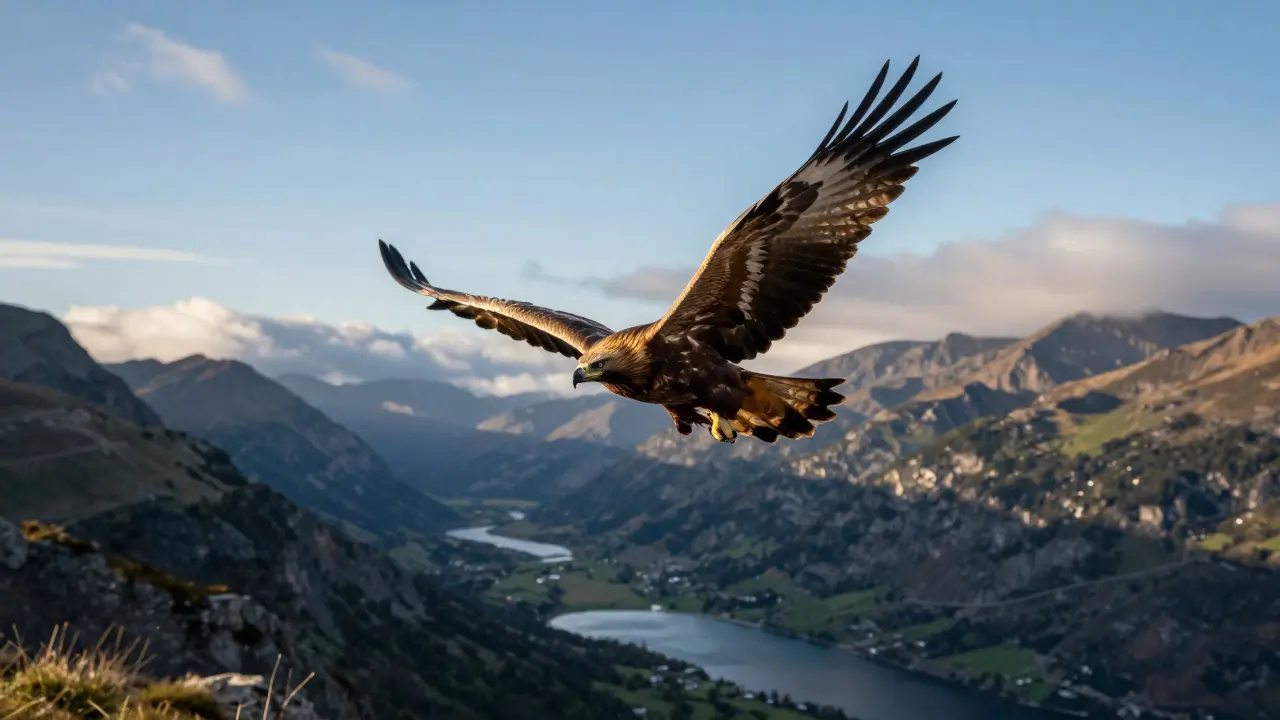 Golden eagle soaring above misty mountain landscape