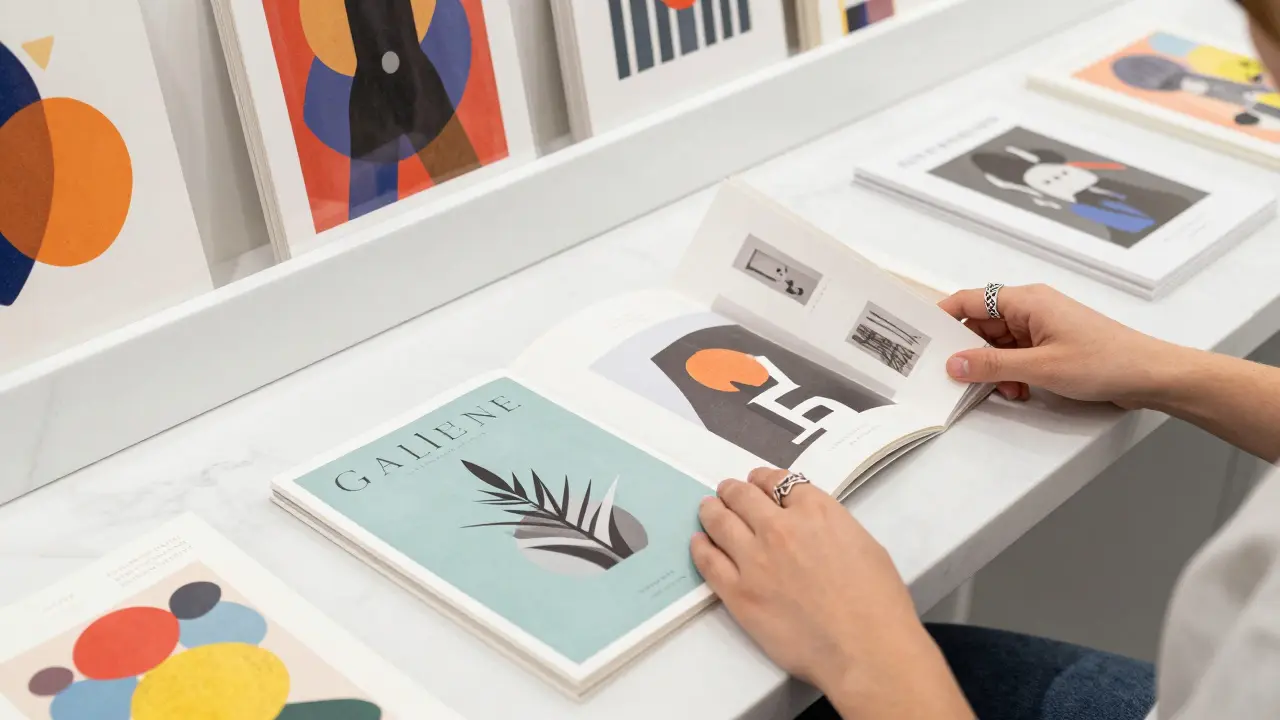Hands browsing modern art prints and zines on a white gallery counter