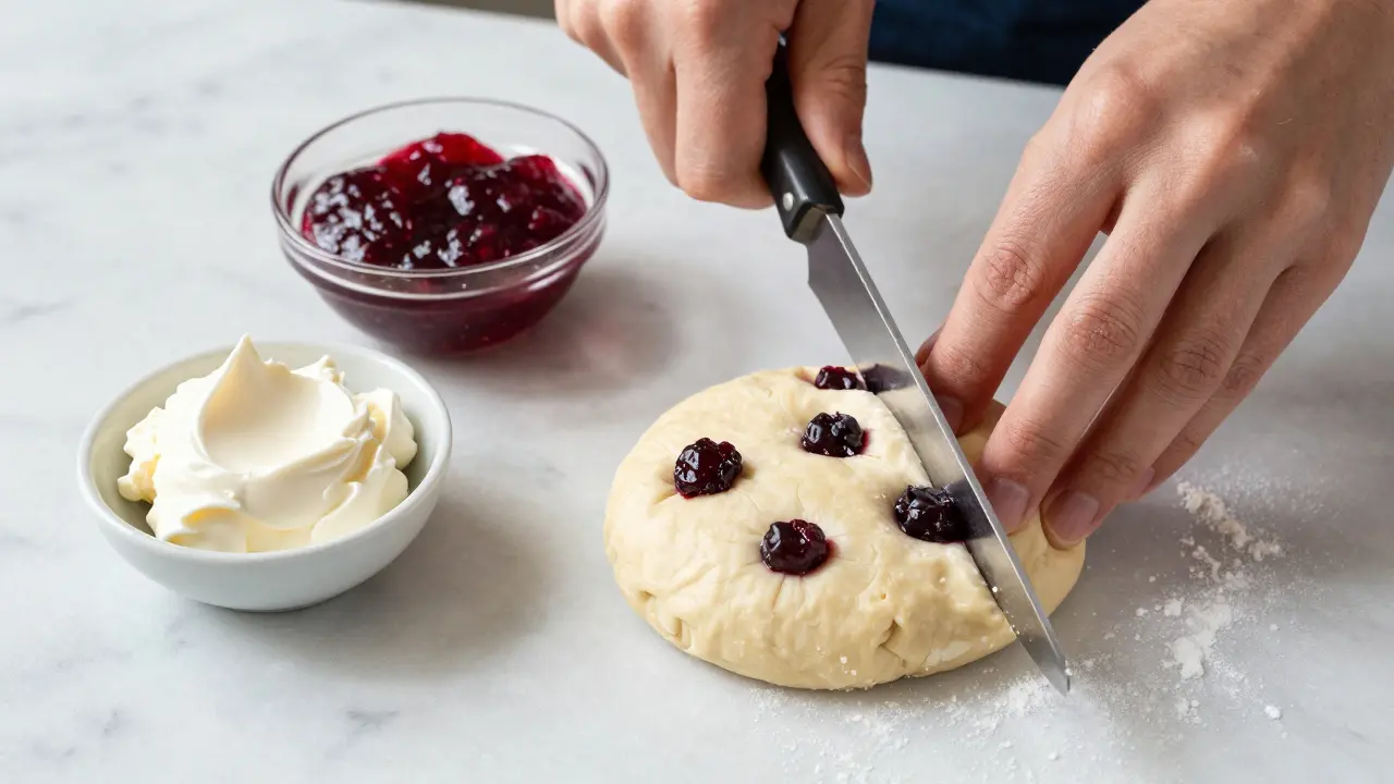 Hands cutting raw currant scone dough on a floured surface next to clotted cream and jam
