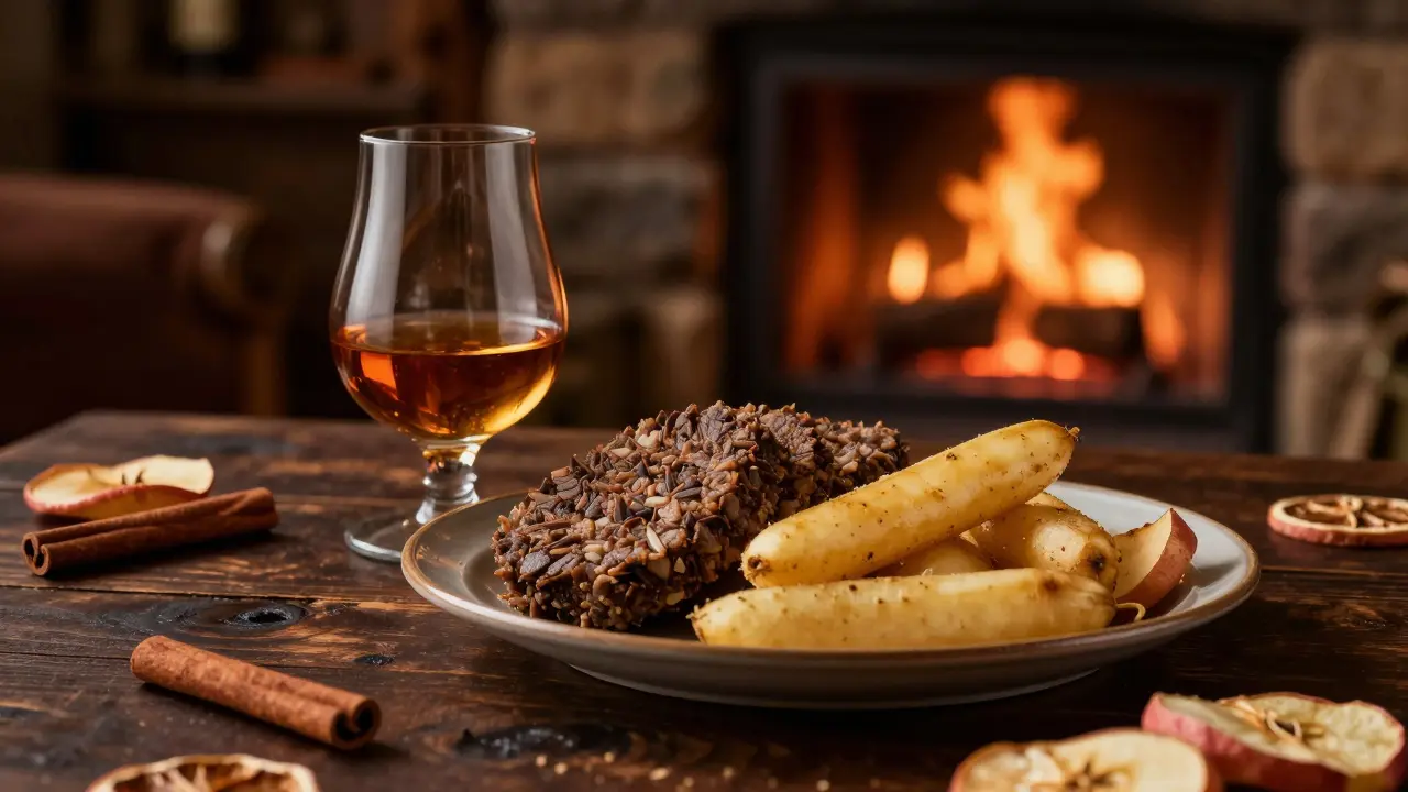 Highland malt whisky served with a traditional dish of haggis, neeps, and tatties in a cozy setting