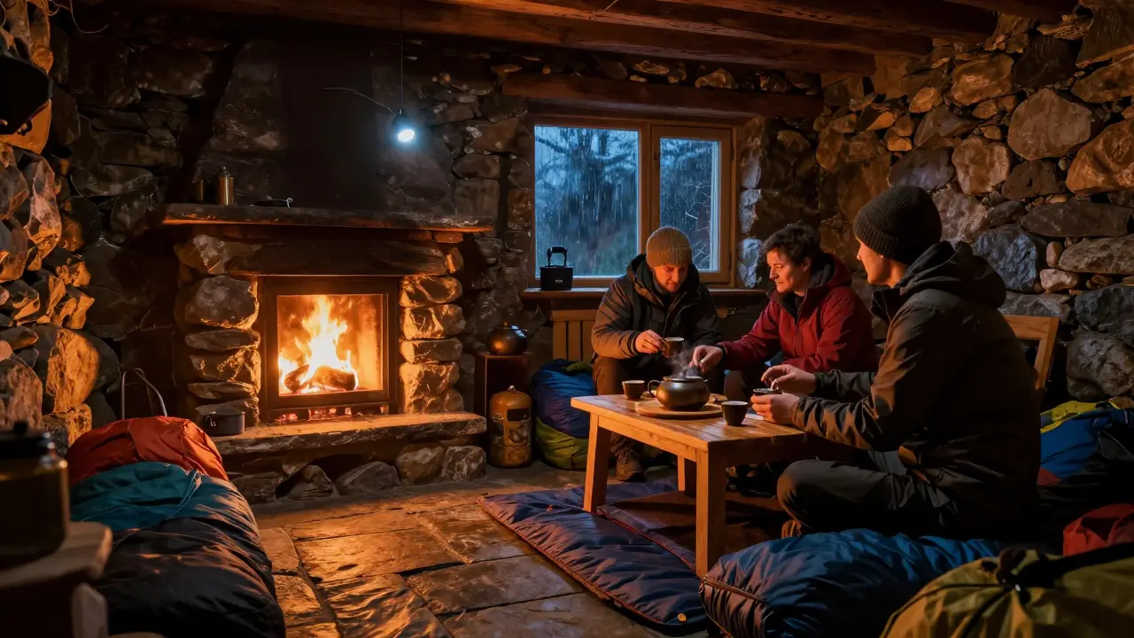 Hikers sharing tea by a fireplace inside a cozy, rustic stone bothy.