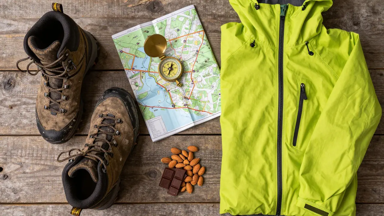 Hiking essentials including waterproof boots, a map, compass, and energy snacks