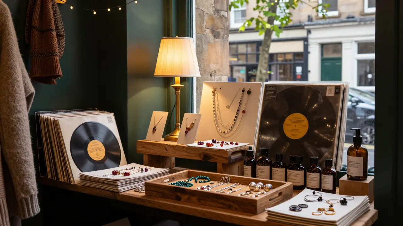 Interior of a cozy West End boutique with handmade jewelry and vintage vinyl records.