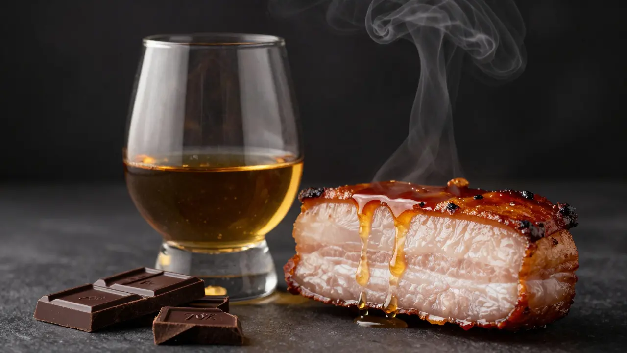 Islay peated whisky paired with glazed pork belly and pieces of dark chocolate