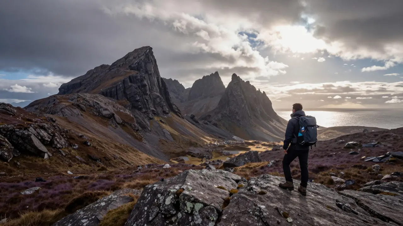 Lone hiker overlooking the conical Paps of Jura mountains and the Atlantic