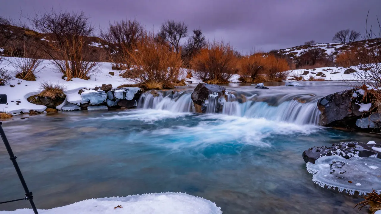 Long exposure shot of the Fairy Pools with turquoise water and winter snow