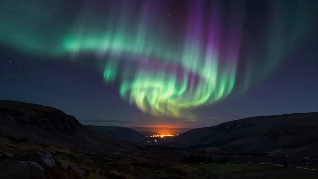 Northern Lights in green and purple over the dark silhouette of the Scottish Highlands.