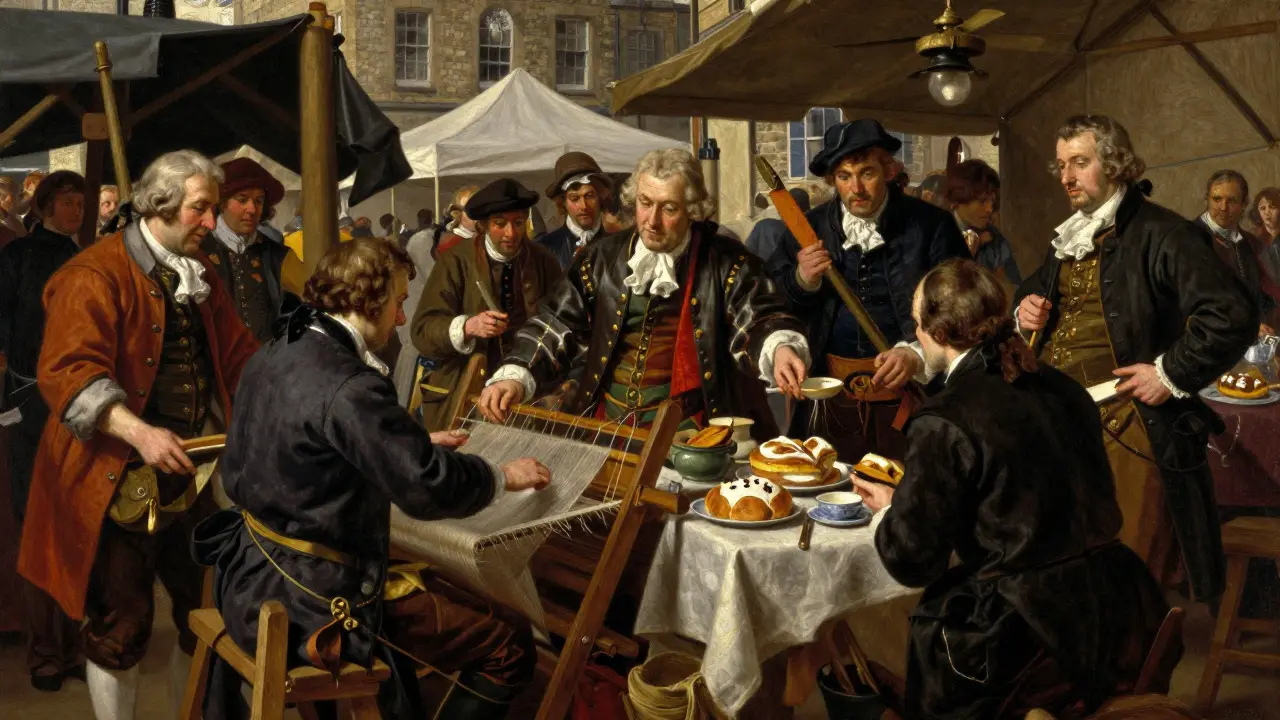 Oil painting of a busy 18th-century Scottish market showing trade and commerce.