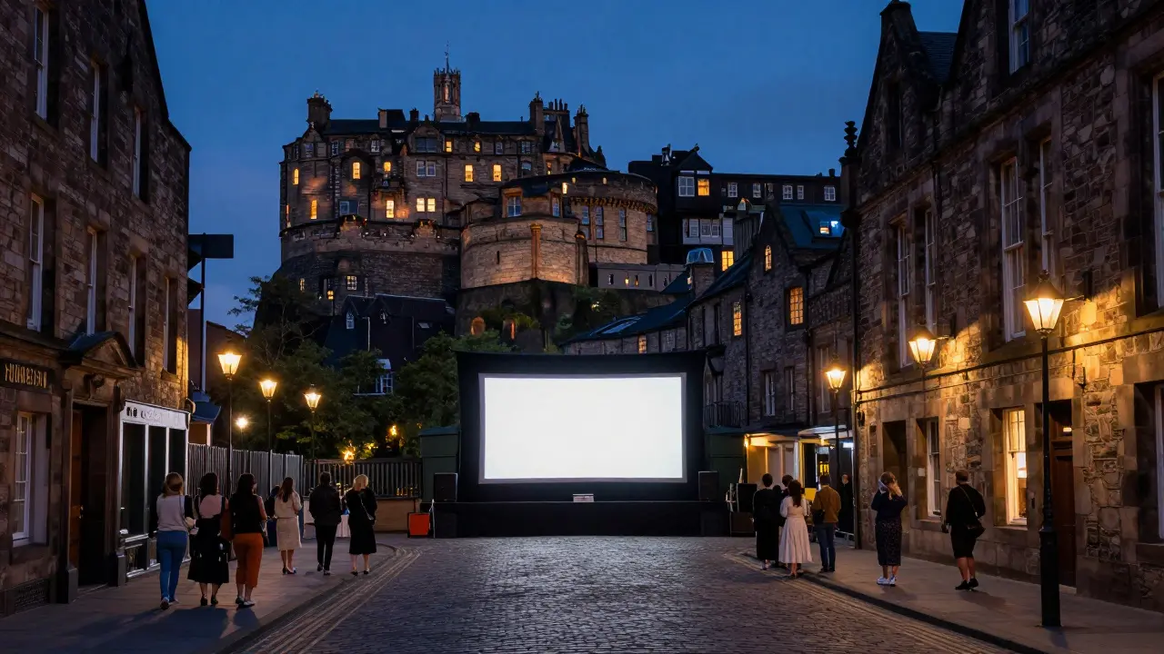 Outdoor cinema screen on a historic cobblestone street with Edinburgh Castle in the background