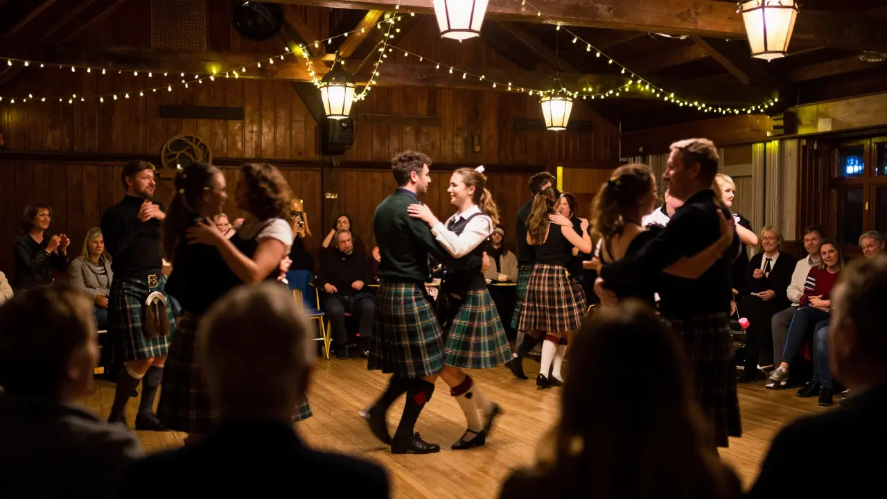 People dancing at a traditional Scottish Ceilidh with warm ambient lighting