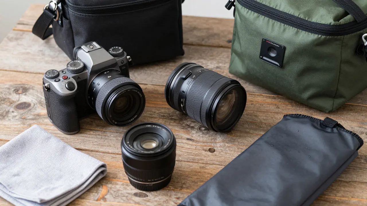 Professional camera gear including lenses and weather-protection accessories