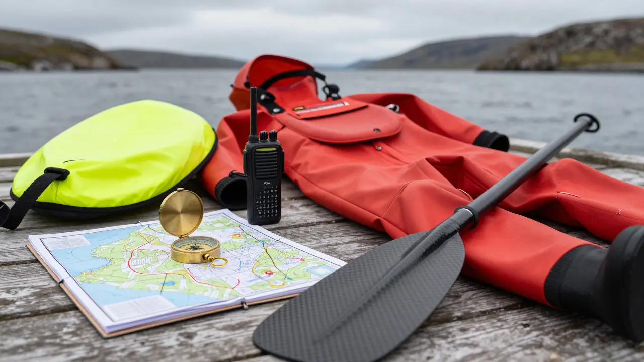 Professional sea kayaking safety gear including a dry suit, VHF radio, and marine chart