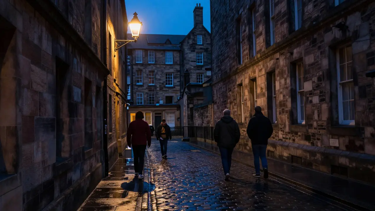Quiet, wet cobblestone alleyway in Edinburgh's Old Town at dusk