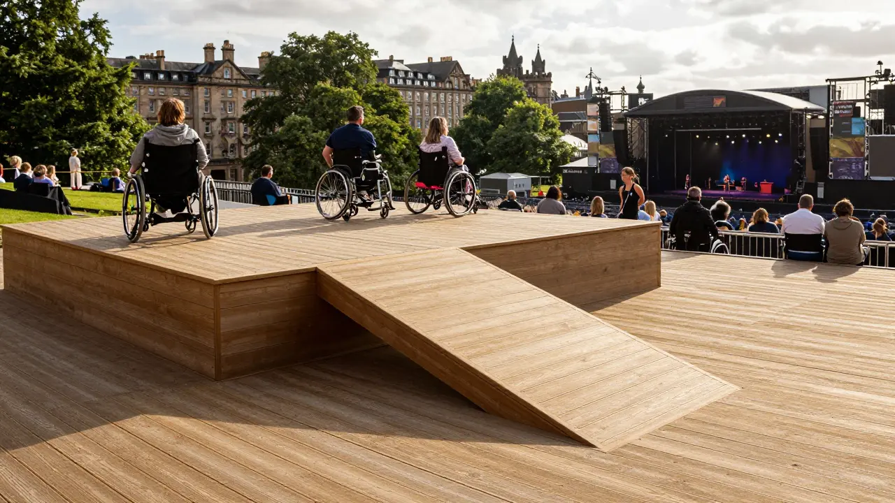 Raised accessible viewing platform with a ramp for wheelchair users at a festival.
