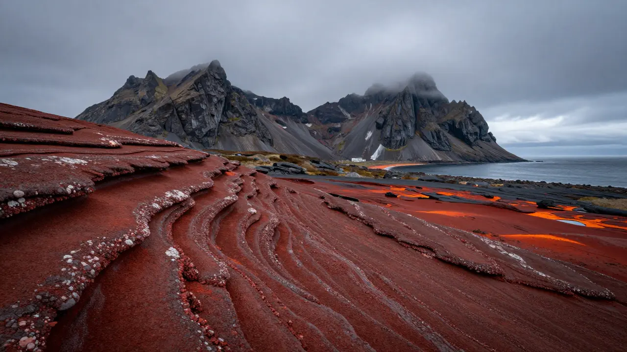 Red fossilized beach in the foreground with the jagged Cuillin Mountains rising in the background.