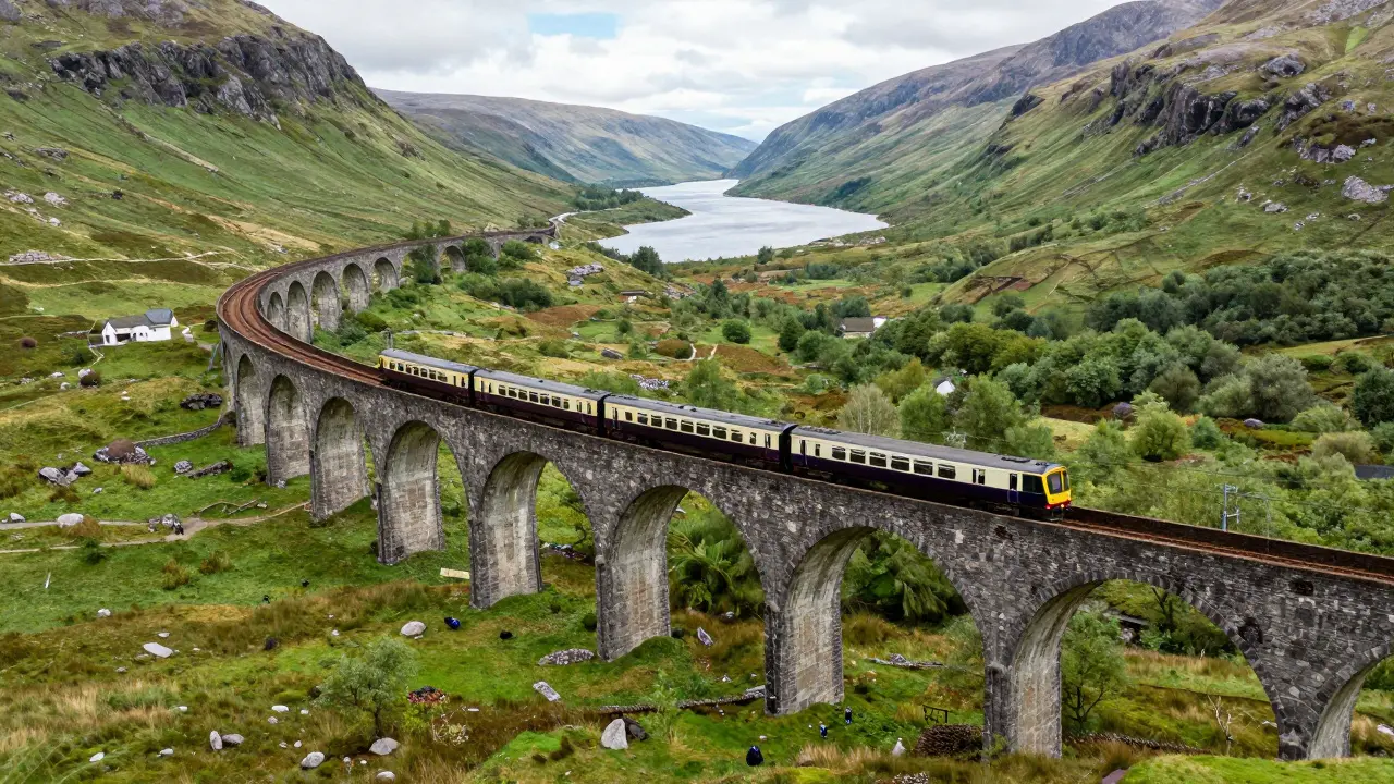 ScotRail train crossing the curved stone Glenfinnan Viaduct in the Highlands
